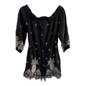 Farm Rio Jackie Romper Womens L Embroidered Navy Linen Shorts Anthropologie New